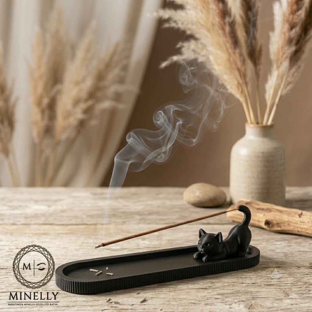 Minelly Purr | Kedi Figürlü Dekoratif Tütsülük – 3D Baskı Minimal Tütsü Standı – Dekoratif Tütsü Tutucu | Modern Zen Meditasyon Dekoru | 3D Baskı Siyah Tütsülük | Ev Ofis Yoga Aromaterapi Aksesuarı