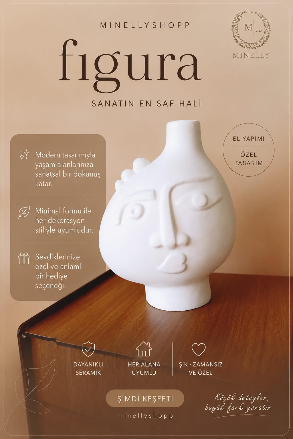 Minelly Figura Soyut Yüz Vazo | Modern Dekoratif Biblo | Sanatsal Dekor Objesi | Minimal İskandinav Ev Dekoru | Dekoratif Vazo