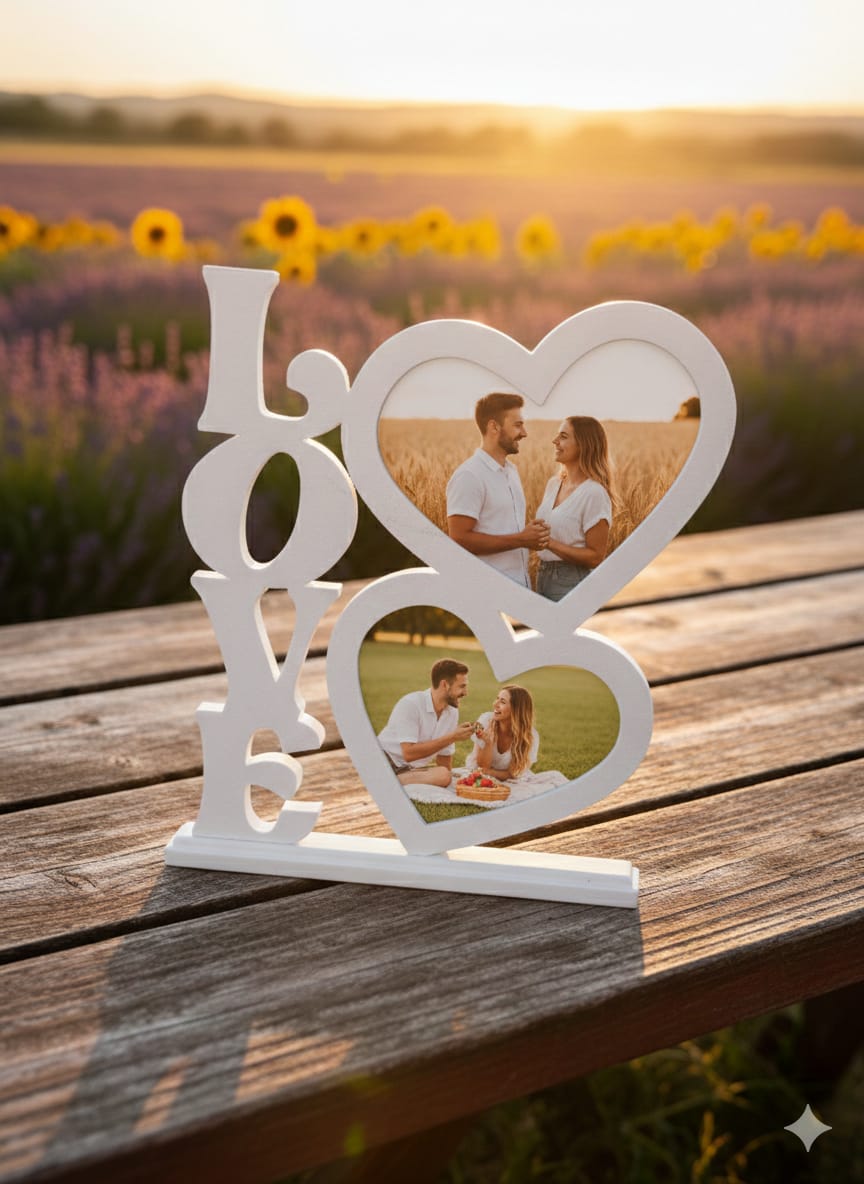 Minelly LoveFrame | Kalpli LOVE Fotoğraf Çerçevesi – 3D Baskı Çiftlere Özel Hediyelik