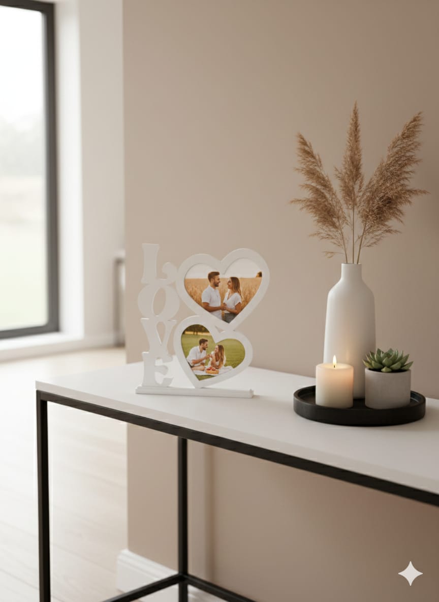 Minelly LoveFrame | Kalpli LOVE Fotoğraf Çerçevesi – 3D Baskı Çiftlere Özel Hediyelik