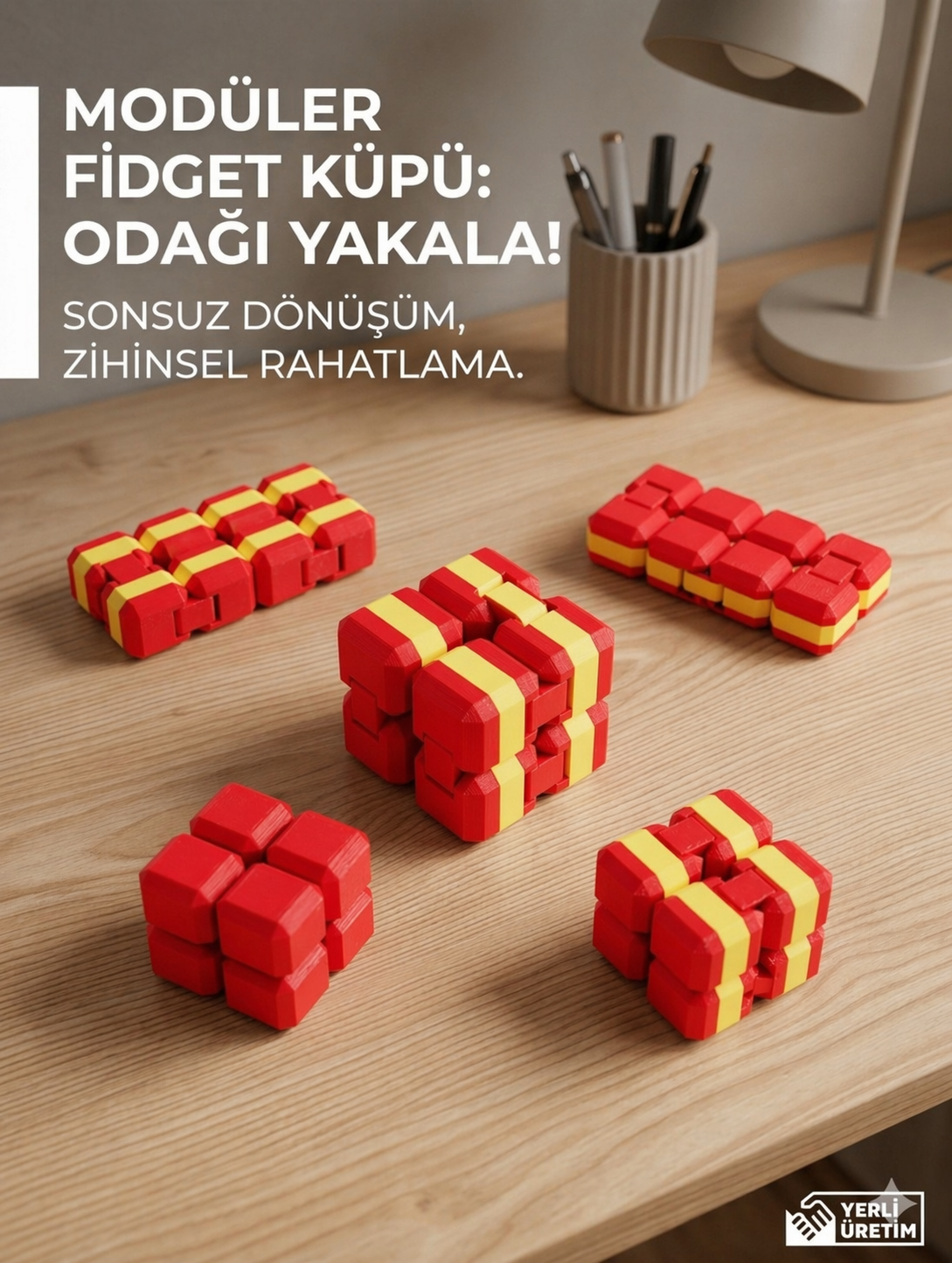 Minelly Mag-Blok Sarı Kırmızı Sonsuz Stres Küpü - Modüler Katla aç