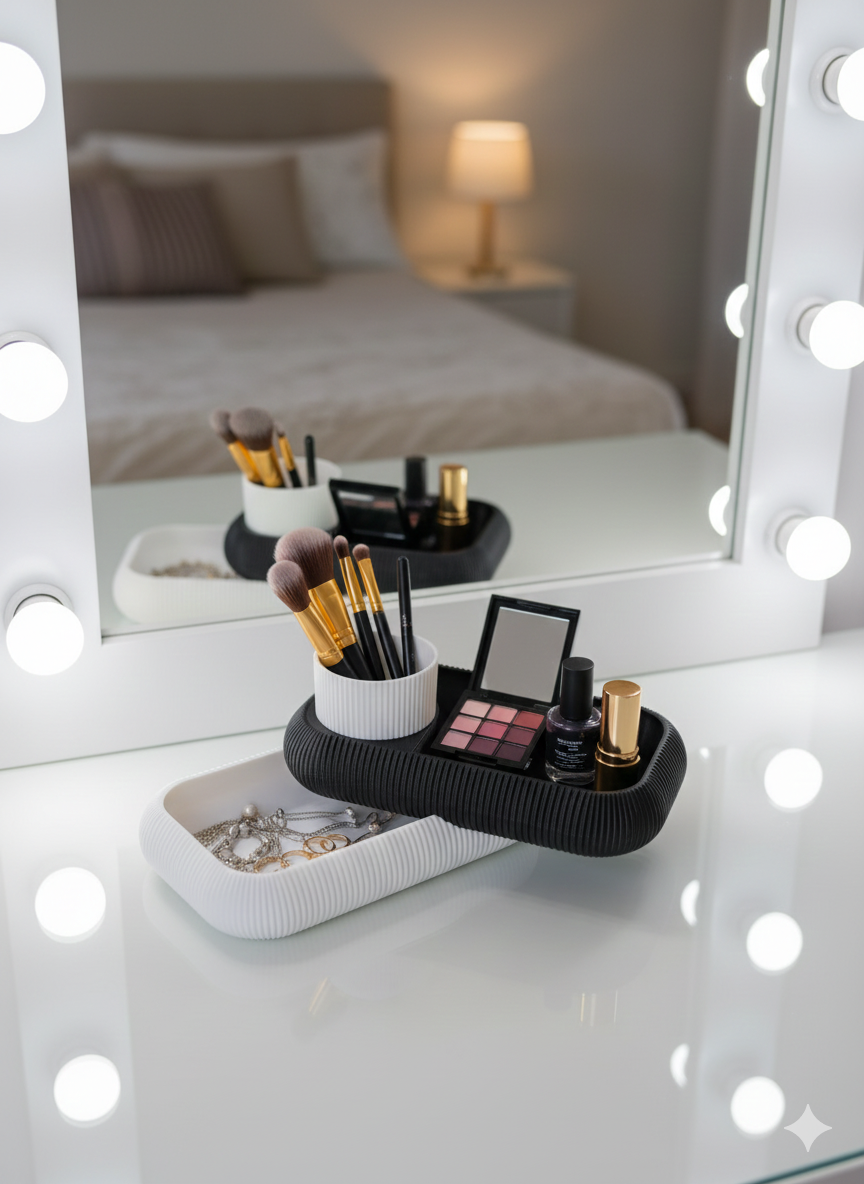 Minelly | Makyaj ve Takı Düzenleyici - Çift Katmanlı Vanity Organizer (Siyah & Beyaz)