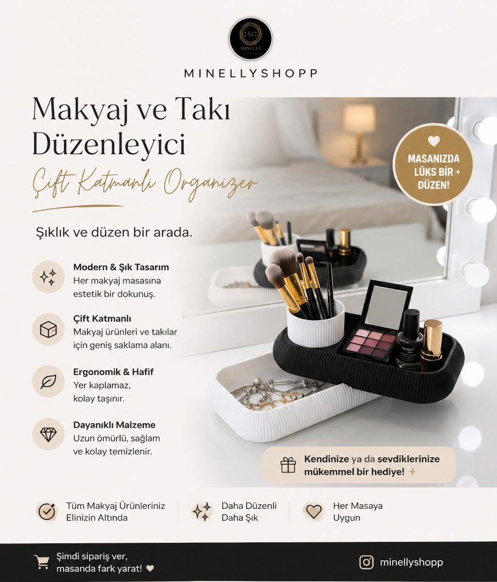 Minelly | Makyaj ve Takı Düzenleyici - Çift Katmanlı Vanity Organizer (Siyah & Beyaz)