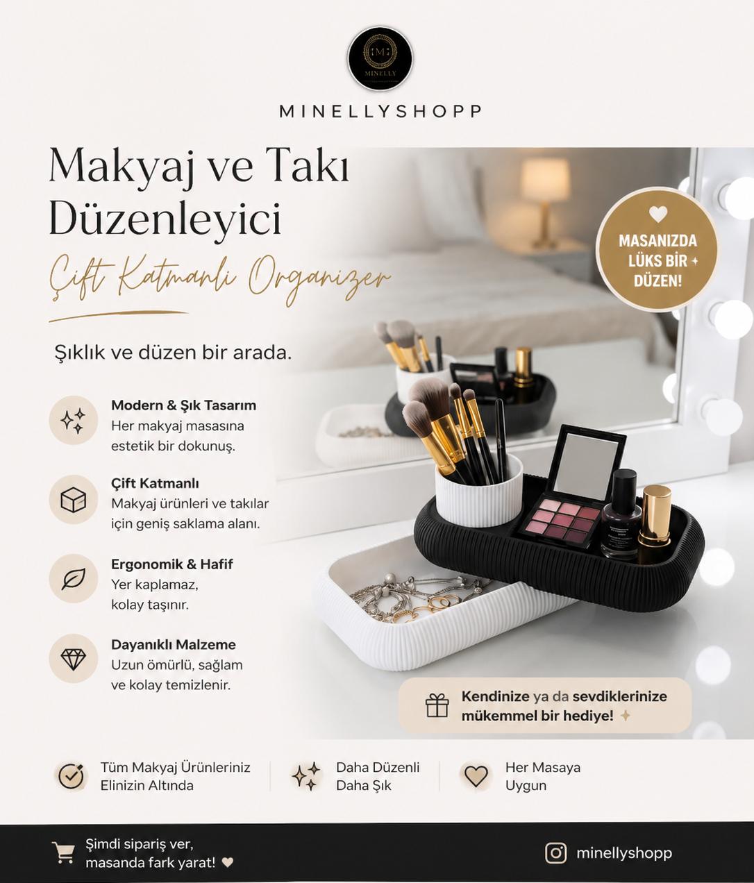 Minelly | Makyaj ve Takı Düzenleyici - Çift Katmanlı Vanity Organizer (Siyah & Beyaz)