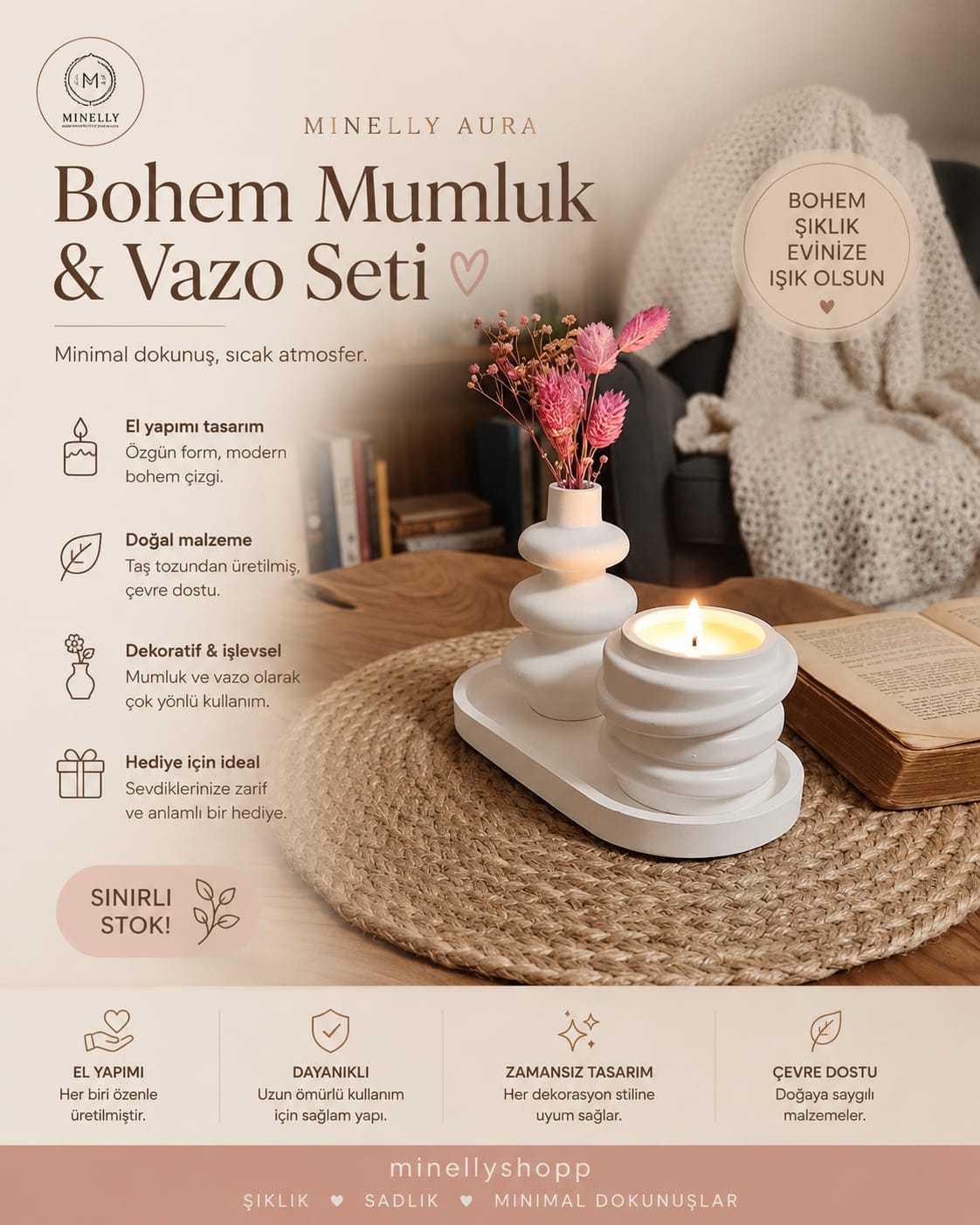 MINELLY Aura | Bohem Mumluk & Vazo Seti Dekoratif Vazo ve Mumluk Seti Beyaz Minimal Tasarım Oval Tepsili El Yapımı Modern Ev Dekoru Salon Ofis Masa Üstü Biblo Seti